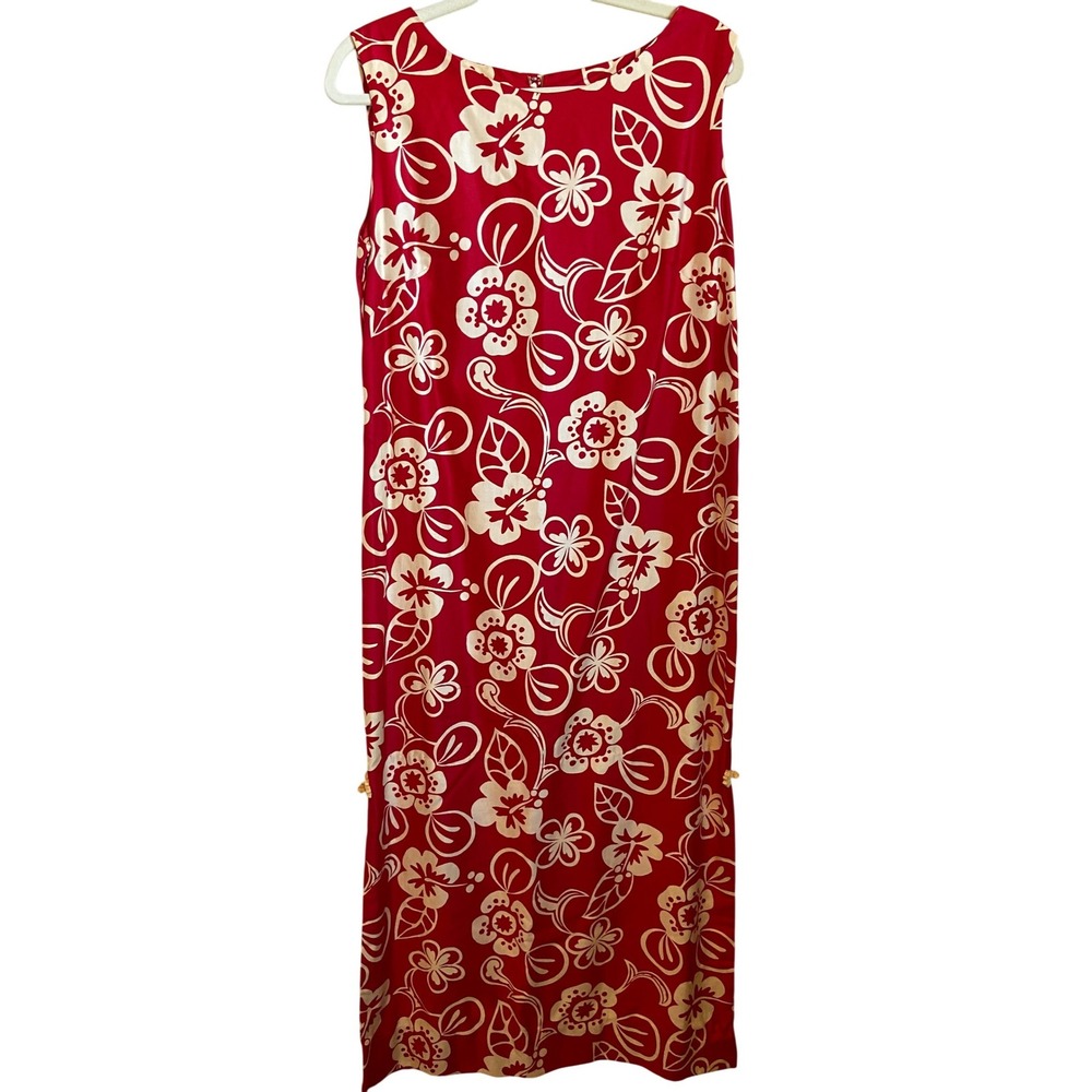 Vintage Malihini Hawaii Red White Floral Hibiscus Maxi Dress Frog Toggle Slits